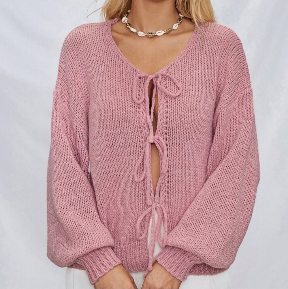 Pink Casual Women's Tie Front Belt Solid Blush Color Knitwear Sweater Cardigan - Picture 2 of 6